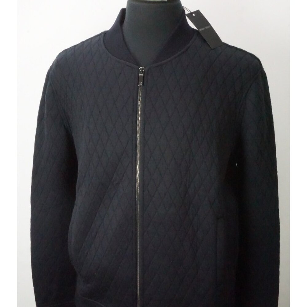 Giorgio Armani Black Label Blue Quilted Full ZIp Bomber Silk Blend 48 NEW